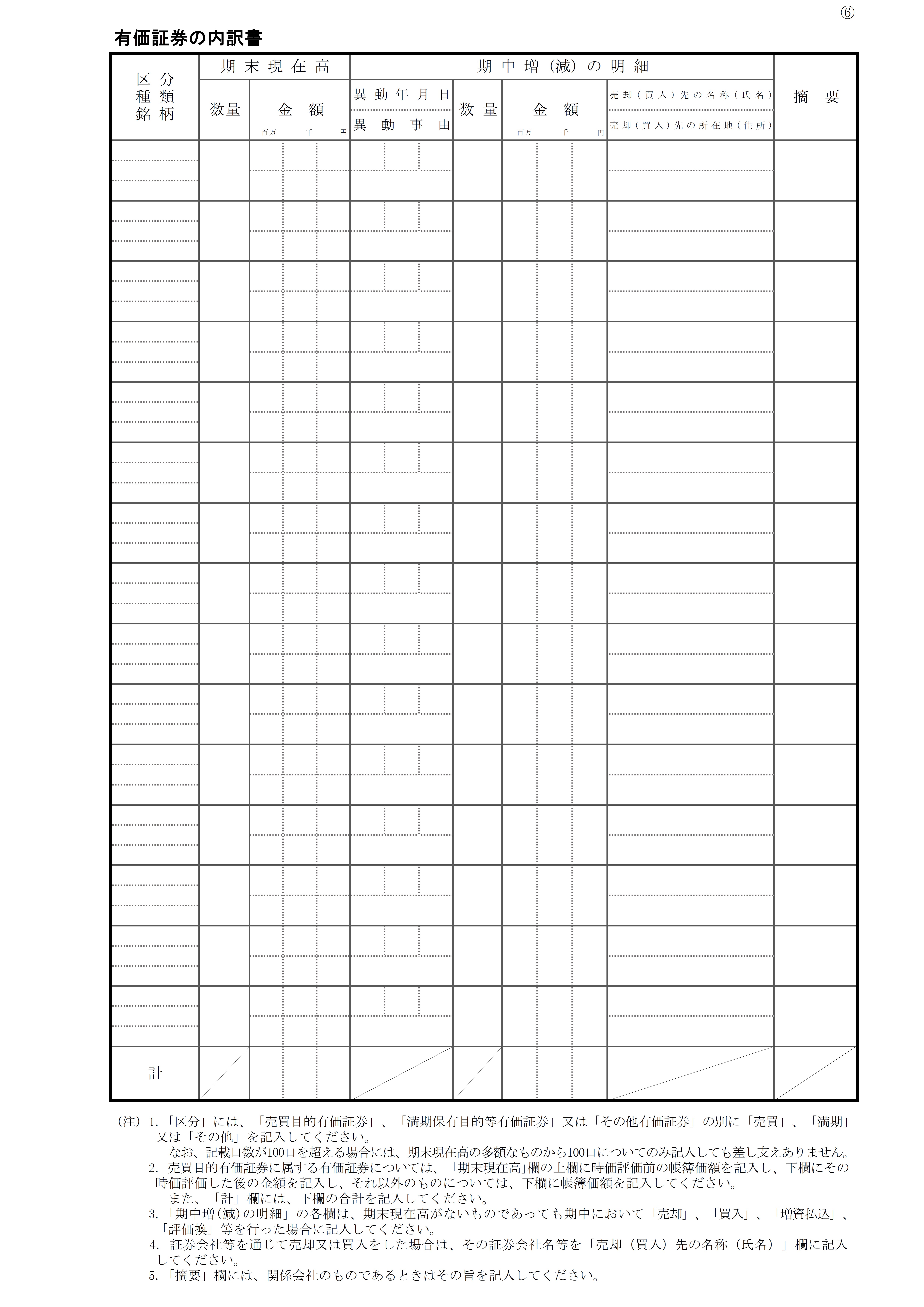 有価証券の内訳書の書式見本