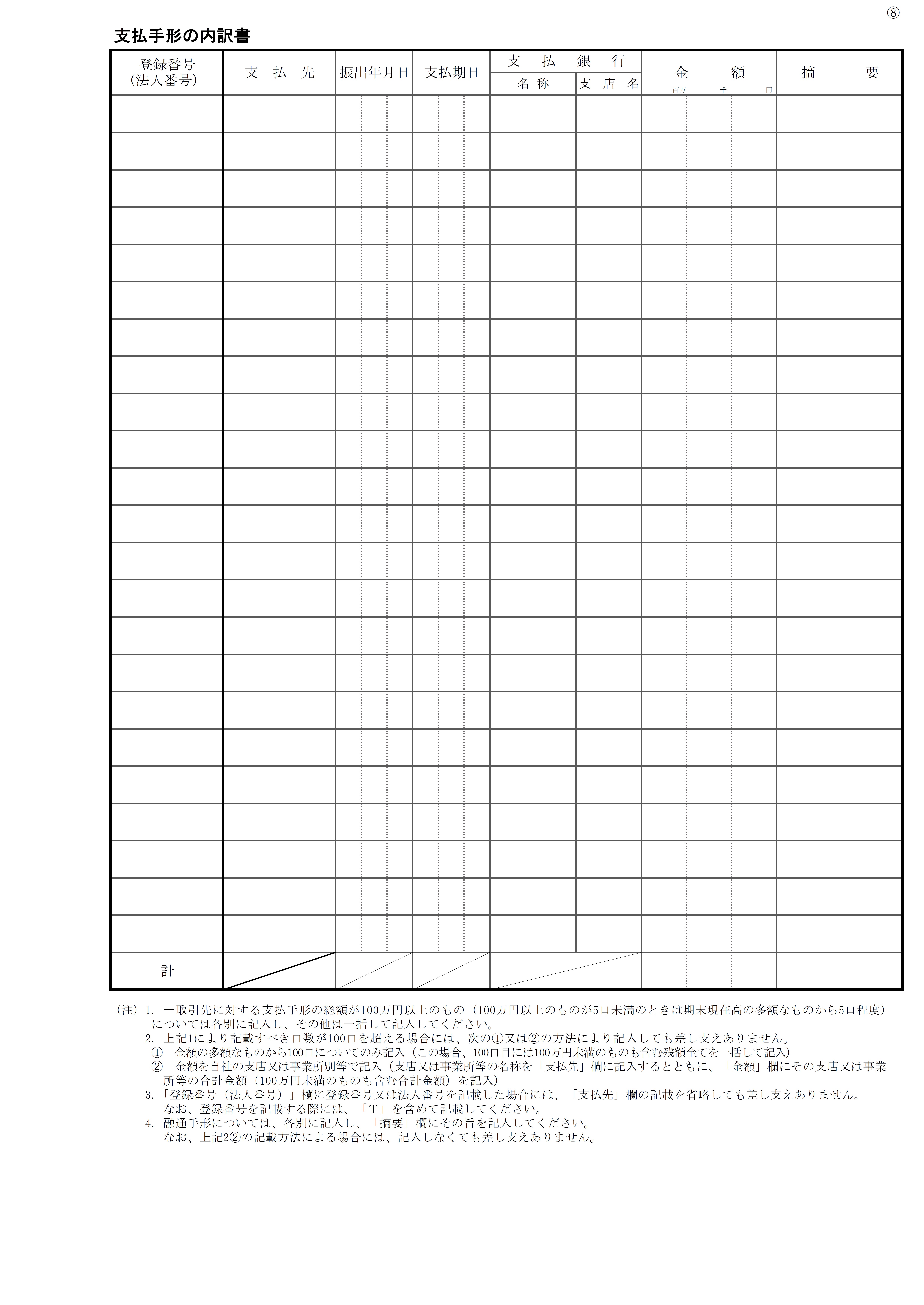 支払手形の内訳書の書式見本