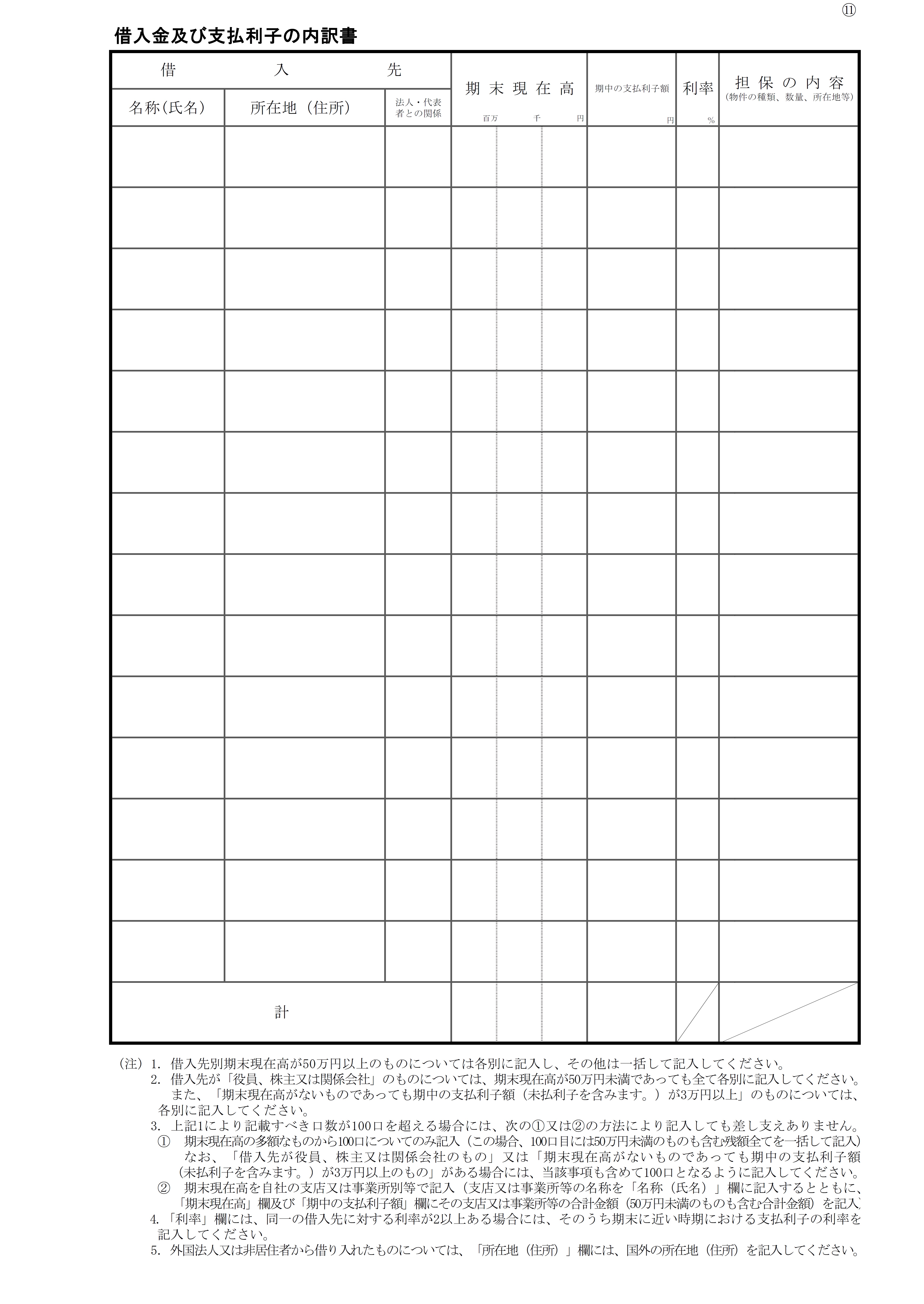 借入金及び支払利子の内訳書の書式見本